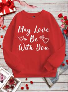 SHEIN LUNE Áo nỉ nữ dáng rộng màu đỏ in khẩu hiệu Ngày Valentine dành cho gia đình - Đỏ - Xem 3