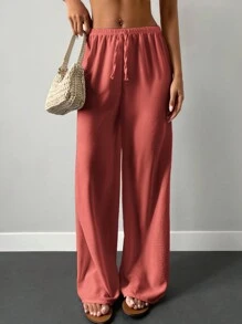 Cottnline Pantalones de pierna ancha unicolor de cintura con nudo - Rosa - Ver 3