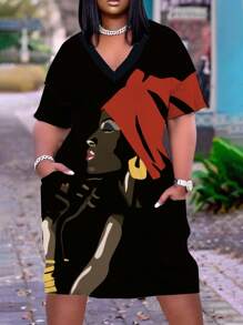 Plus Size Women's Casual Character Print Dress, For Summer - Black - View 1