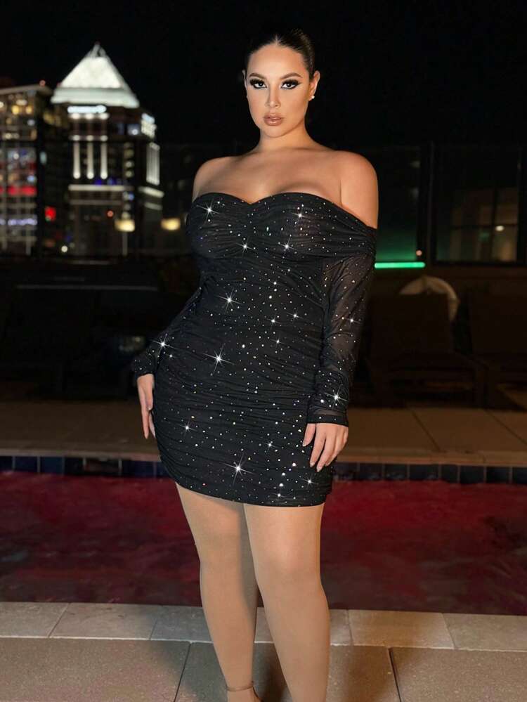 Women's Plus Size Sexy Off Shoulder See-Through Mesh Crop Top And High Waist Skirt Set