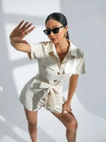 SHEIN Essnce 女裝口袋蓋褶腰帶襯衫連體褲 - 米色 - 查看 3