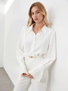 BizChic 女式纯色纽扣长袖衬衫，带褶皱喇叭袖口，城市通勤办公室商务休闲优雅正式衬衫 - 白色 - 查看 9