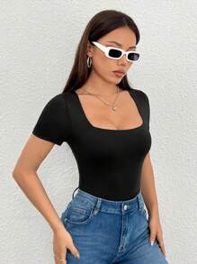 SHEIN PETITE Women's Solid Color Square Neck Slim Fit Short Sleeve Bodysuit