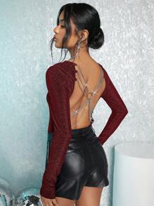 SHEIN BAE Women's Solid Color Backless Bodysuit With Chain Decoration