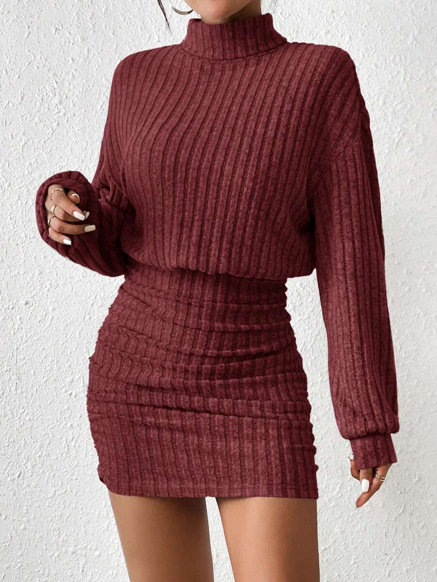 SHEIN Frenchy Vestido Para Mujer Con Cuello Alto, Cintura Ceñida Y Tejido De Punto Acanalado - Rojo - Ver 1