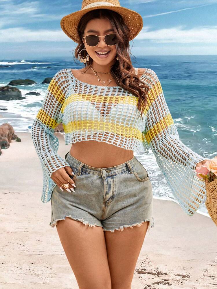 Plus Size Women's Hollow Out & Contrast Color Bell Sleeve Knit Top