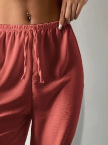 Cottnline Pantalones de pierna ancha unicolor de cintura con nudo - Rosa - Ver 5