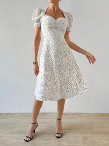 SHEIN Privé 女士不對稱圓點印花泡泡袖連身裙 - 白色 - 查看 6