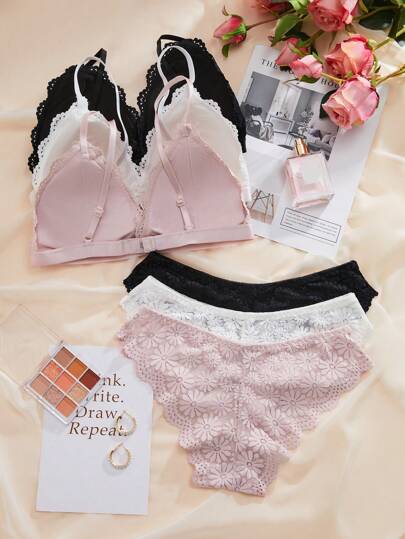 3sets Bloemen Kanten Scallop BH Slipje Lingerie Set view 2
