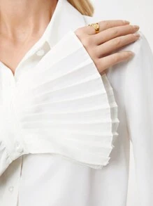 BizChic 女式纯色纽扣长袖衬衫，带褶皱喇叭袖口，城市通勤办公室商务休闲优雅正式衬衫 - 白色 - 查看 8