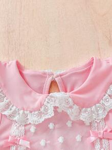 Baby Girl Pink Lace Romper With Peter Pan Collar And Bowknot For Spring/Summer - Pink - View 5