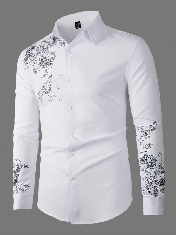 Manfinity Homme Cămașă casual pentru bărbați, cu model floral, cu nasturi în față, cu mânecă lungă, cu guler, pentru ieșiri