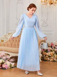 SHEIN 少女奢華 V 領純色雪紡拼接編織緞帶百褶連身裙 - 藍色 - 查看 8