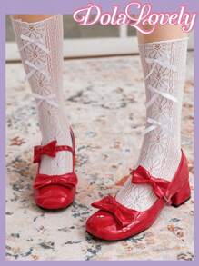 Dola Lovely Red Bow & Heart Shaped Mary Jane Shoes For Women, Lolita Style, Chunky Heel, Fashionable Lady High-Heeled Pump