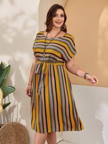 EMERY ROSE Plus Size Women'S Striped Belted Dress For Spring - Multicolor - View 5