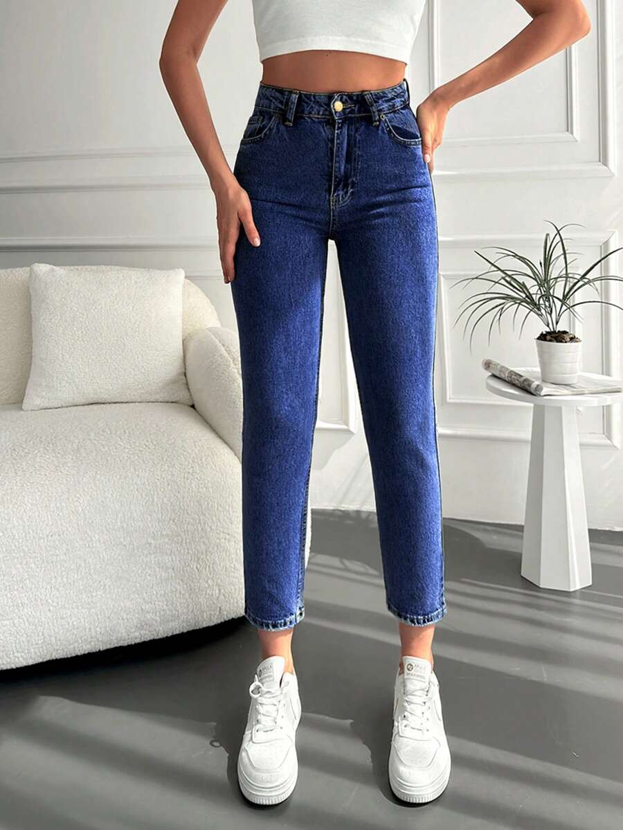 RueChic High Waist Mom Fit Jeans - Dark Wash - View 1