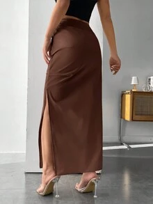 SHEIN PETITE Của phụ nữ Màu thuần Xếp li Khe bên Giải trí Váy - màu nâu - Xem 2