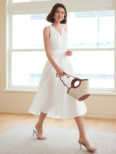 MOTF PREMIUM WOVEN WOMEN'S SOLID FOLD PLEATED DRESS