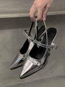 Women's Retro Pointed Toe Mary Jane Leather Shoes, British Style Pumps, 2025 Spring/Autumn New Arrival, French Fashion Chunky Heel High Heels, Elegant, Party,Stiletto Heels - Silver - View 2