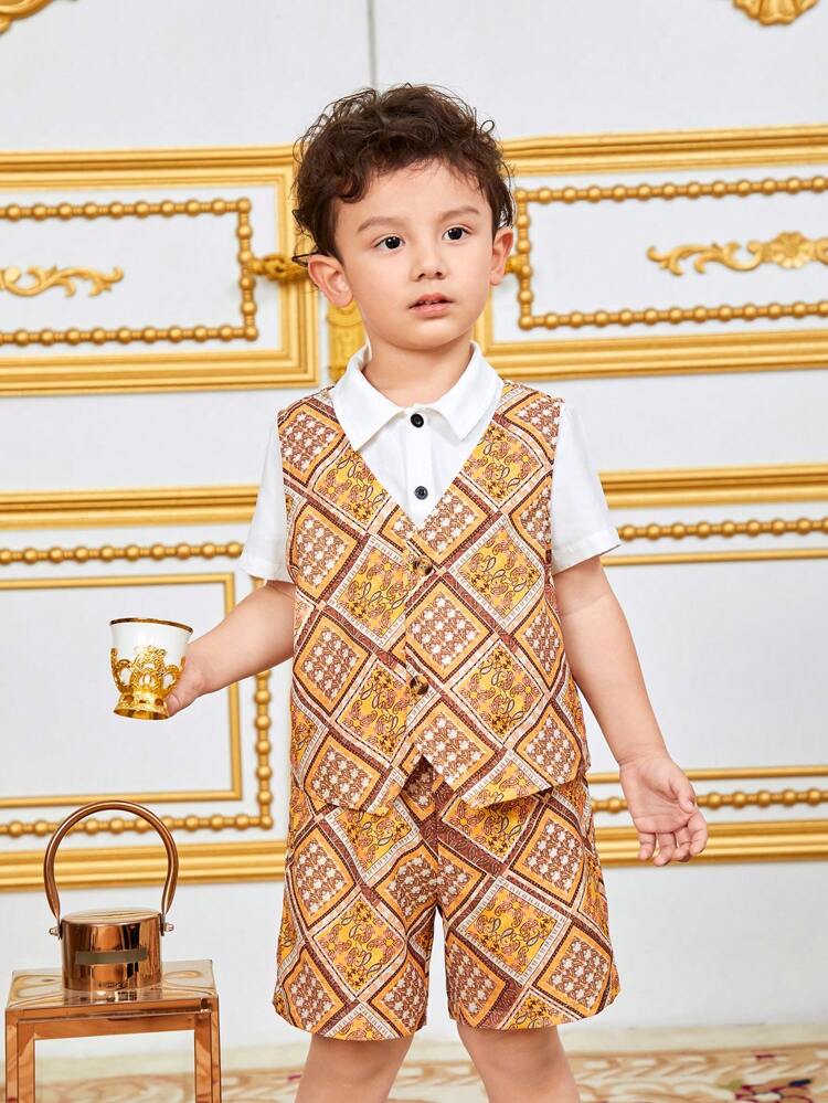3pcs/Set Young Boy Formal Suit, Including Paisley Collar Short Sleeve Shirt, Waistcoat With Cashew Print, And Shorts
