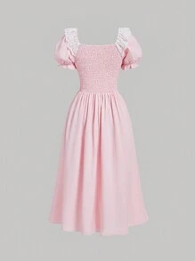 SHEIN MOD Vestido con mangas abullonadas, cintura con lazo, y parches de encaje en el frente cruzado para mujer - Rosa - Ver 2