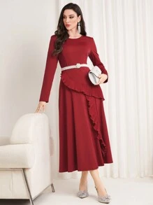 Modelyn Burgundy Red Women'S Solid Color Ruffle Trimmed Dress Long Evening Dresses