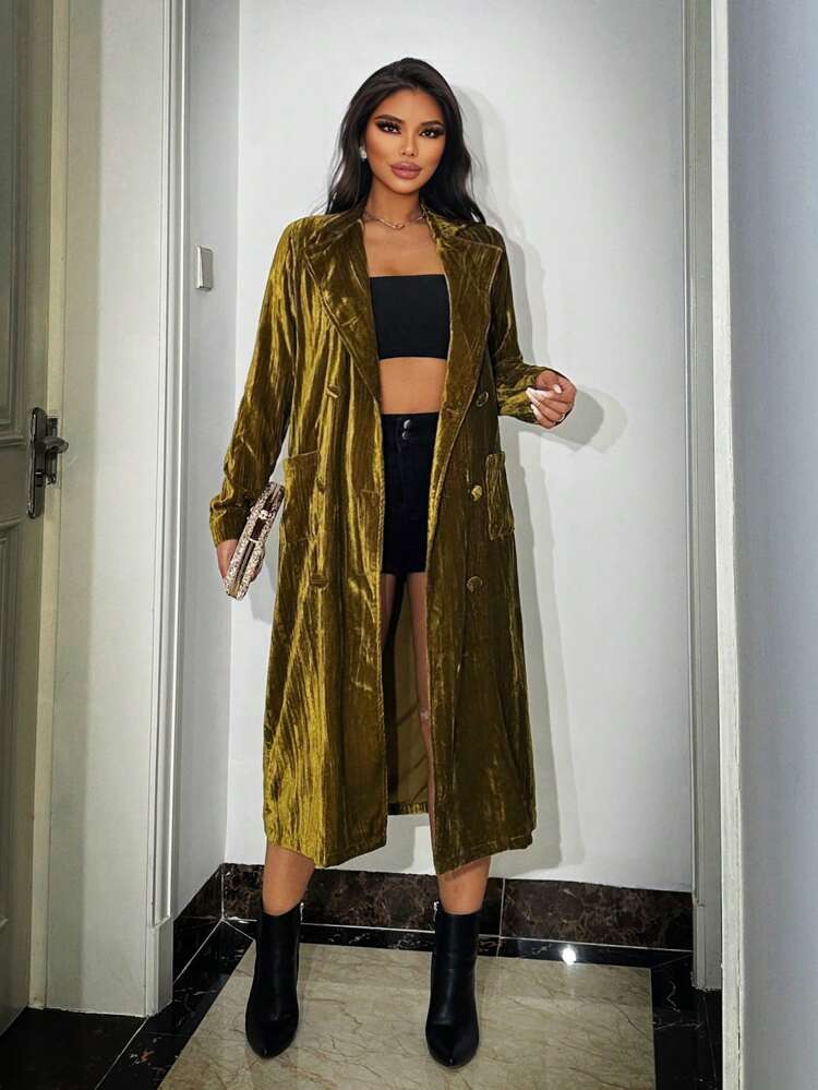 Ladies' Velvet Suit Collar Long Coat