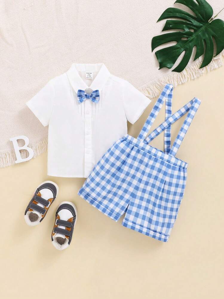 Baby Boy'S Gentleman Suit White Short Sleeve Shirt + Bowtie Grid Suspenders Shorts Set