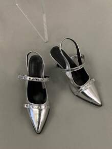 Women's Retro Pointed Toe Mary Jane Leather Shoes, British Style Pumps, 2025 Spring/Autumn New Arrival, French Fashion Chunky Heel High Heels, Elegant, Party,Stiletto Heels - Silver - View 4