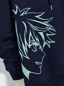 Manfinity RebelGame Oversized Men's Reflective Japanese Character & Portrait Pattern Long Sleeve Hooded Sweatshirt - Royal Blue - View 5