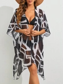 Swim Lushoire Women's Printed Mesh Cover Up Kimono Music Festival - Black and White - View 1