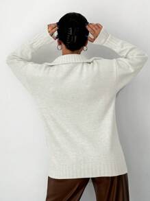 Solid Color Half Placket Drop Shoulder Sweater - White - View 2