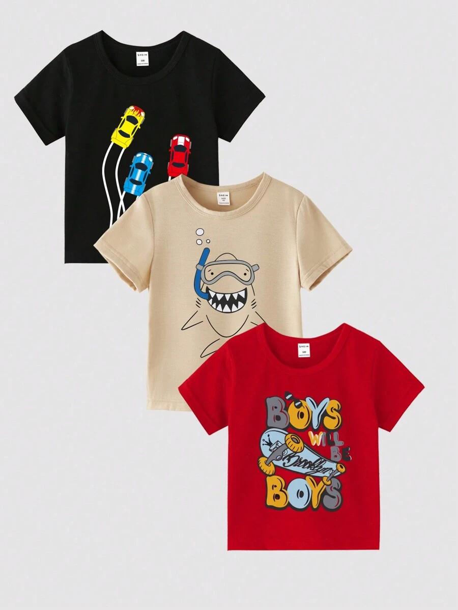 SHEIN 素面青年男孩可愛卡通印花短袖t恤 - 彩色 - 查看 1