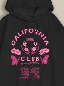 INAWLY Floral & Slogan Printed Drawstring Hoodie - Black - View 3