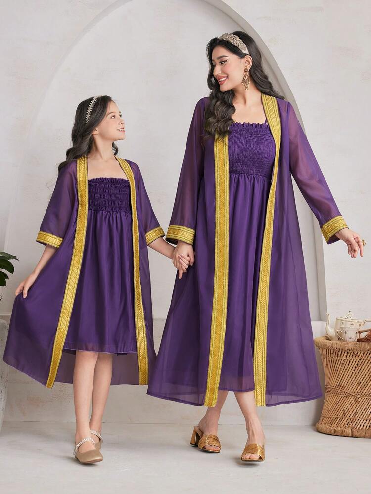 Women'S Loose Fit Casual Two-Piece Kaftan Set With Patchwork Embroidery And Woven Belt 2 Piece Set