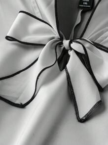 SHEIN Clasi 大尺碼女士蝴蝶結裝飾拼接襯衫,適合工作穿著 - 灰色 - 查看 3