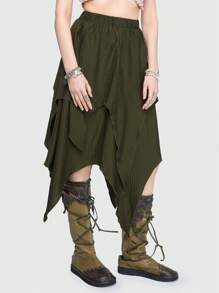 ROMWE Fairycore Damska spódnica z asymetrycznym dołem - Wojskowa Zieleń - Zobacz 3