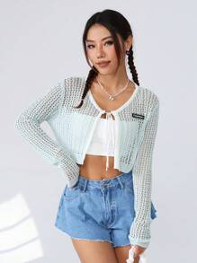 SHEIN EZwear Chaquetas De Punto De Mujer Con Ojales Y Lazos En La Parte Delantera - Azul - Ver 1