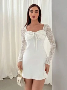 Aloruh Ladies' Solid Color Lace Joint Sweetheart Neckline Self-Tie Dress - White - View 1