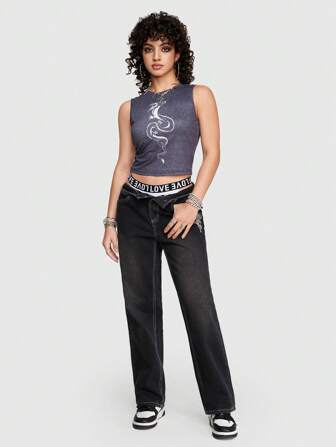 Street Life Chaleco De Tela De Punto Tipo Jean Con Patrón De Dragón Sexy Y2k Para Mujer