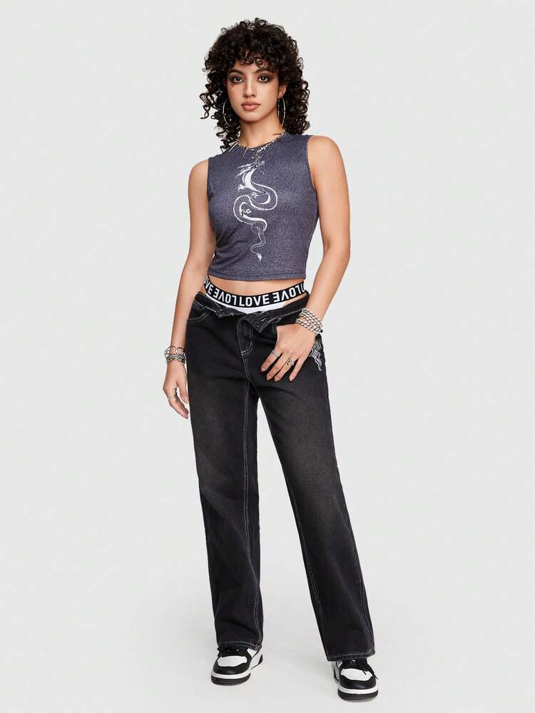 Y2k Sexy Dragon Pattern Jean-Like Knitted Fabric Tank Top For Summer For Women