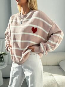 EURMUSE Maglione A Righe Con Stampa A Cuore, Spalle Basse E Taglie Grandi - Rosa antico - Visualizzare 6