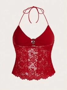 SHEIN ICON Slim Fit Lace Patchwork Halter Neck Top