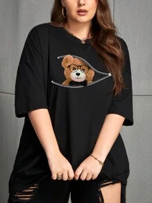 INAWLY 宽松卡通印花落肩 T 恤，加大码图案 T 恤女式上衣，适合夏季 - 黑色 - 查看 3