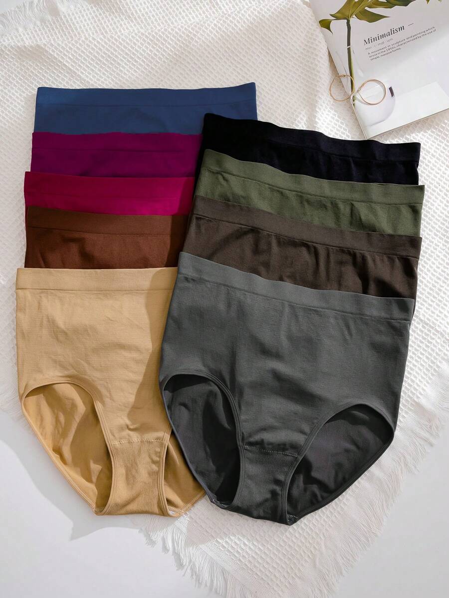 9pcs Plus Size Solid Color High Waisted Triangle Panties - Multicolor - View 1