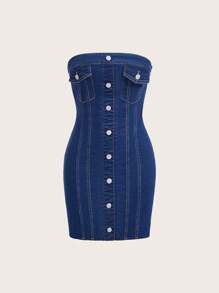 SHEIN MOD Women's Denim Button Front Strapless Dress - Dark Wash - View 4