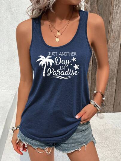 INAWLY Women's Coconut Tree Slogan Print Tank Top JUST ANOTHER Day IN Paradise