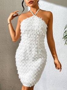Chiquease Vestido Peludo Con Cuello Halter - Blanco - Ver 4