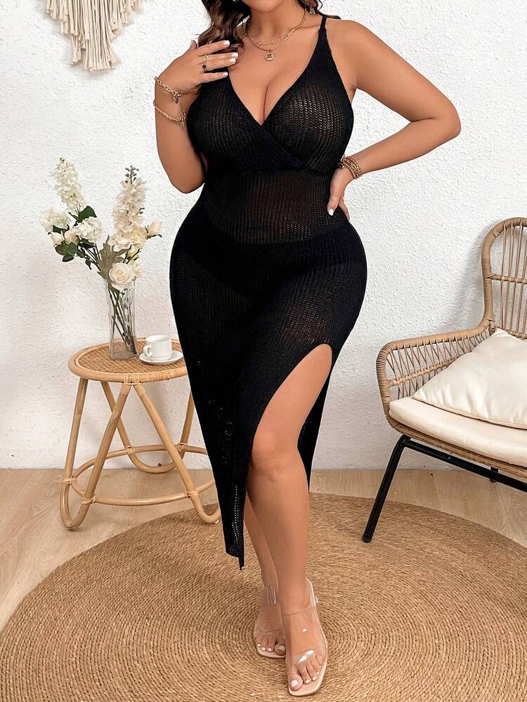 Women's Plus Size V-Neck Split Hem Sweater Dress With Spaghetti Straps