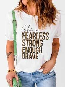 SHEIN LUNE Slogan Print Casual T-Shirt - White - View 1